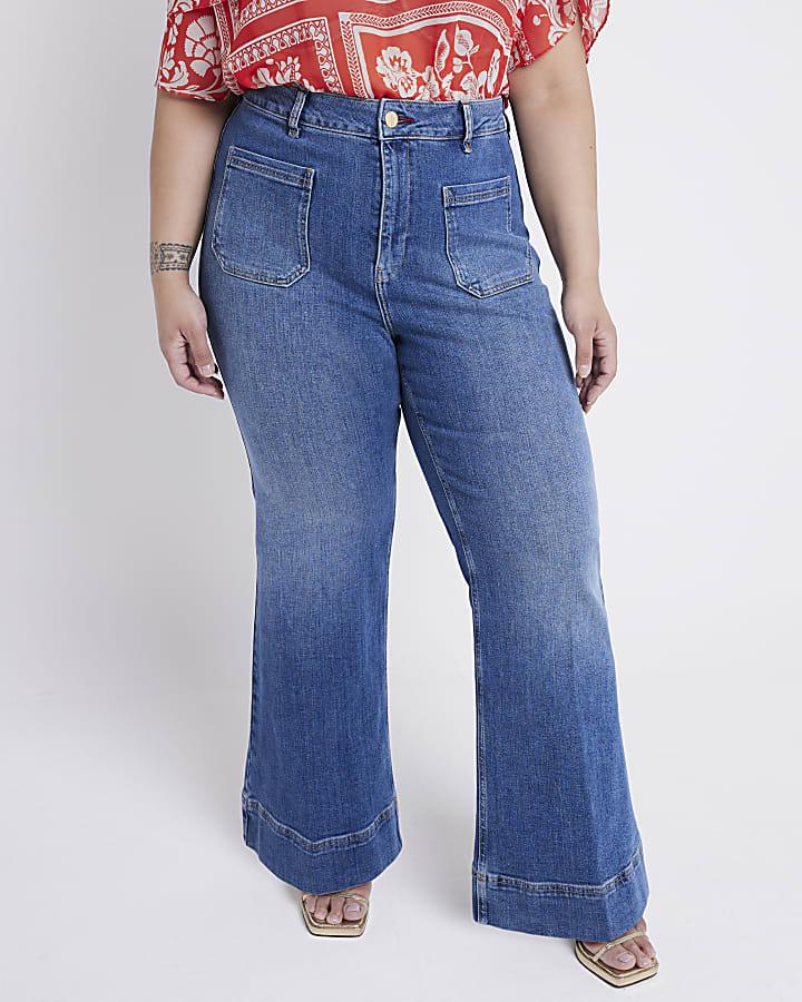 River Island Plus Blue High Waisted Flared Jeans