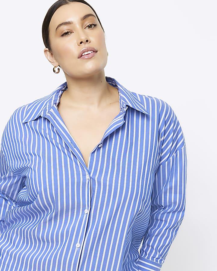 river island Plus blue stripe long sleeve shirt