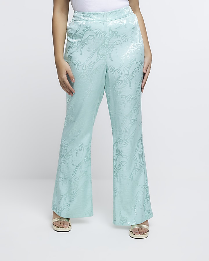 River Island Plus Turquoise Satin Flared Trousers