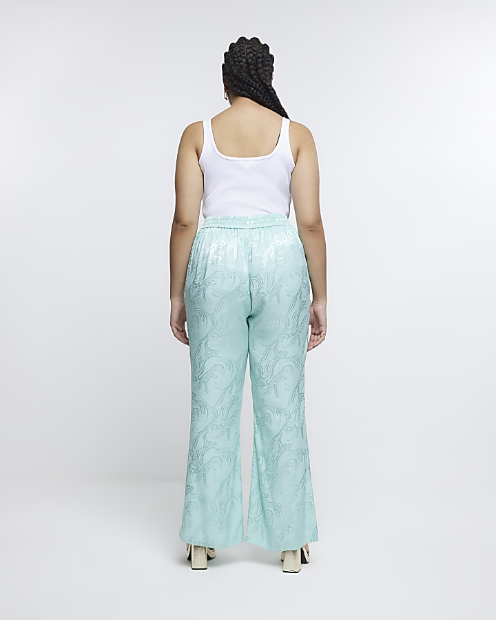 River Island Plus Turquoise Satin Flared Trousers