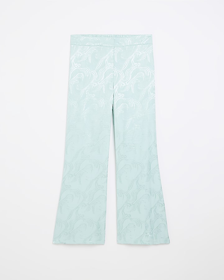 river island Plus turquoise satin flared trousers