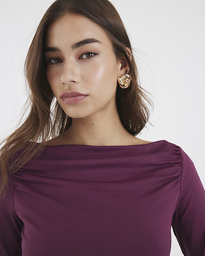 River Island Purple Long Sleeve Ruched Drape Top