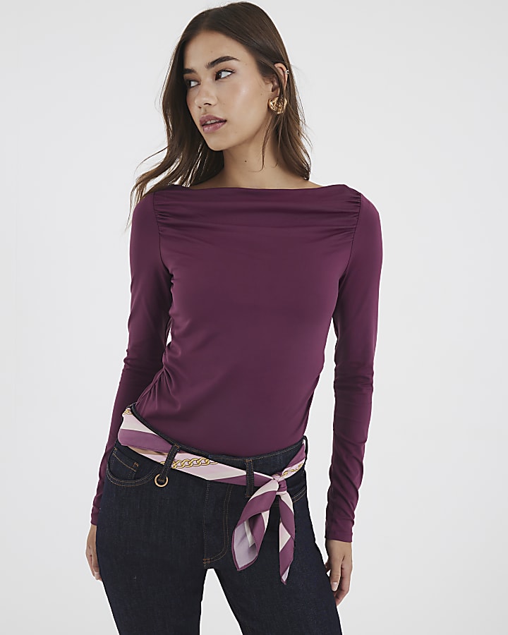 River Island Purple Long Sleeve Ruched Drape Top