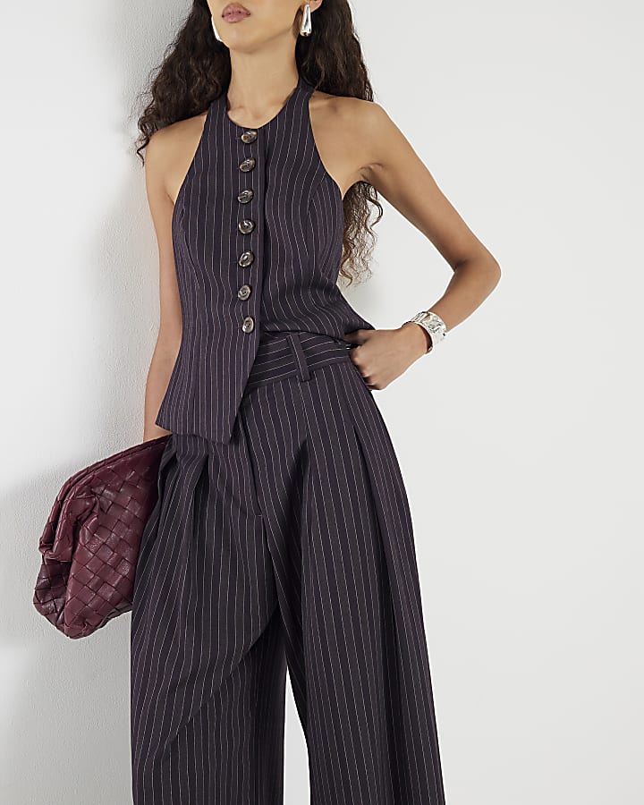 River Island Purple Pinstripe Wide Leg Trousers