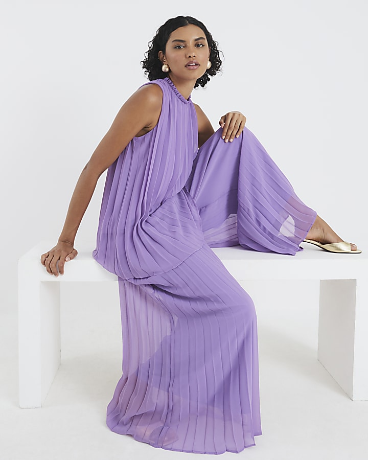 River Island Purple Plisse Wide Leg Trousers