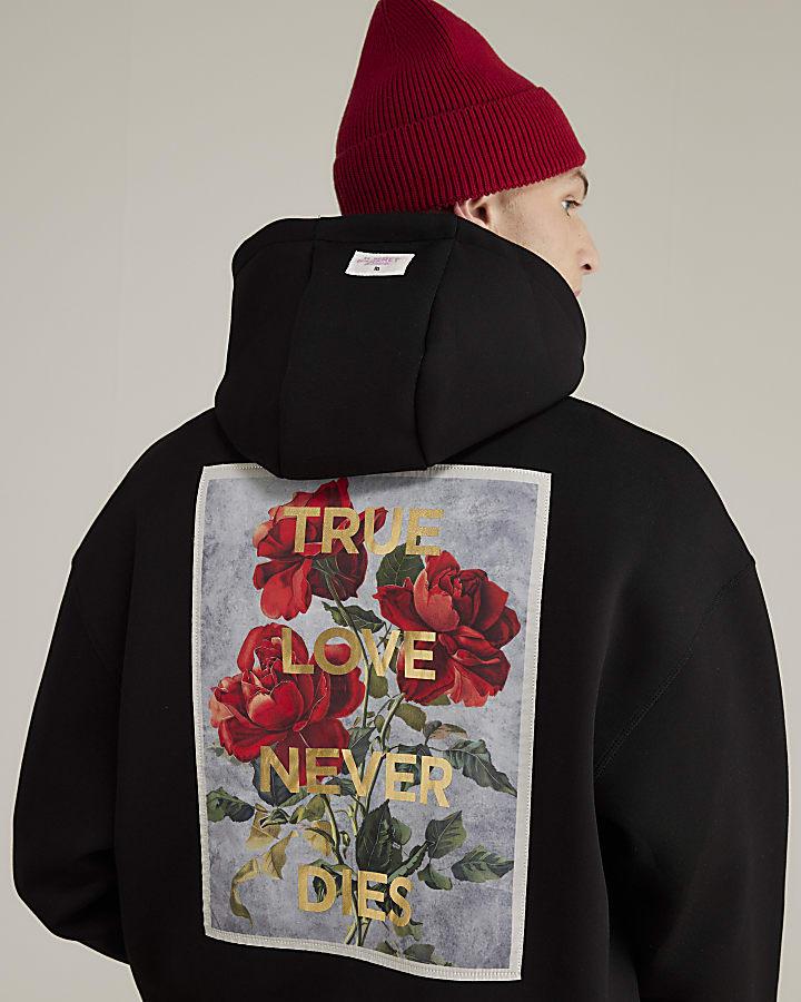 River Island Real Hackney Dave Black Floral Hoodie