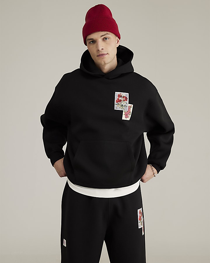 River Island Real Hackney Dave Black Floral Hoodie