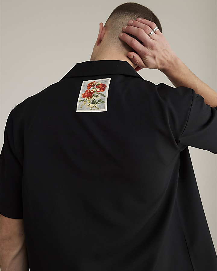 River Island Real Hackney Dave Black Roses Shirt