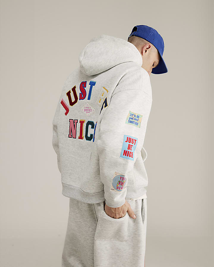 River Island Real Hackney Dave Grey Badged Hoodie