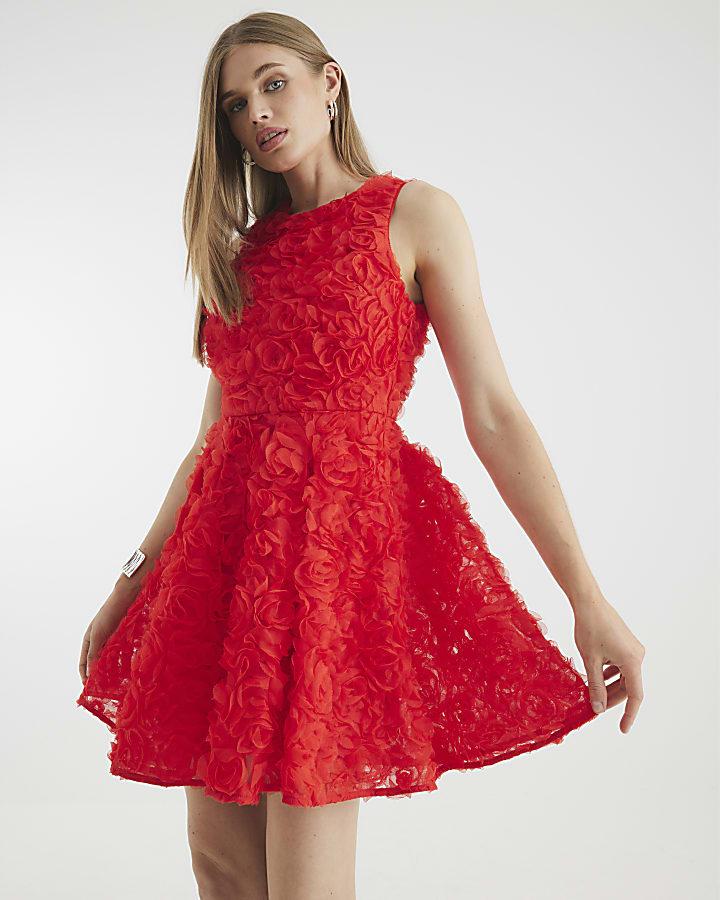 River Island Red 3D Floral Mini Dress