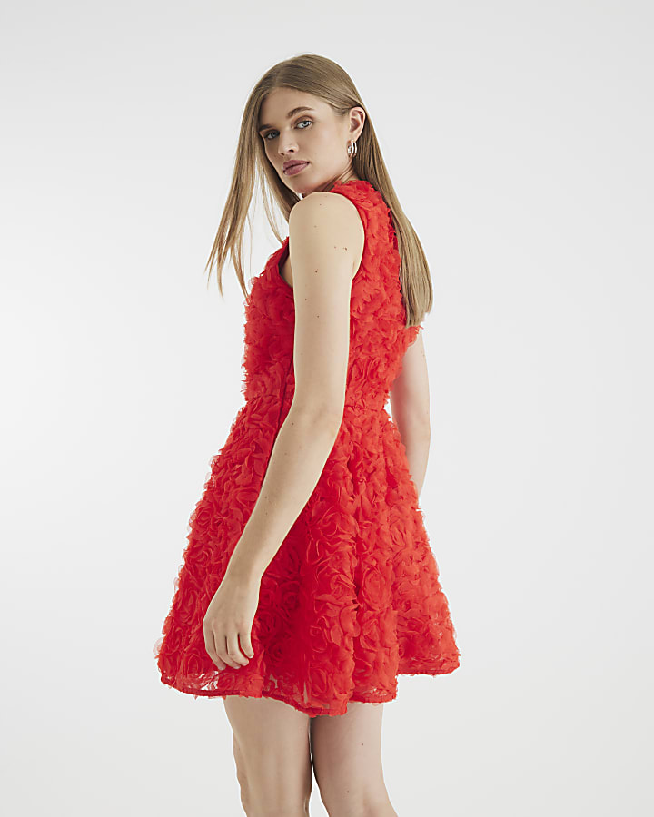 River Island Red 3D Floral Mini Dress
