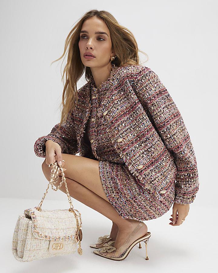 River Island Red Boucle Cropped Bomber Jacket