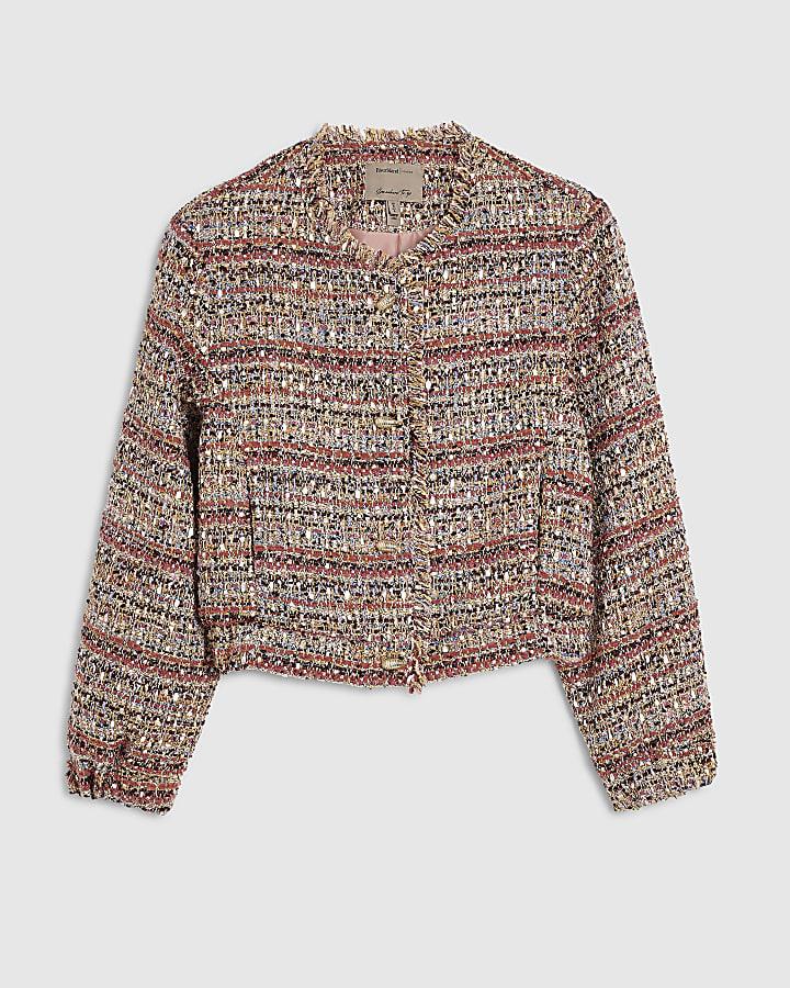 river island Red Boucle Cropped Bomber Jacket