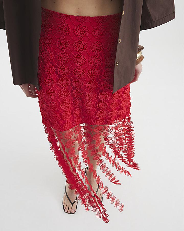 River Island Red Crochet Tassel Midi Skirt