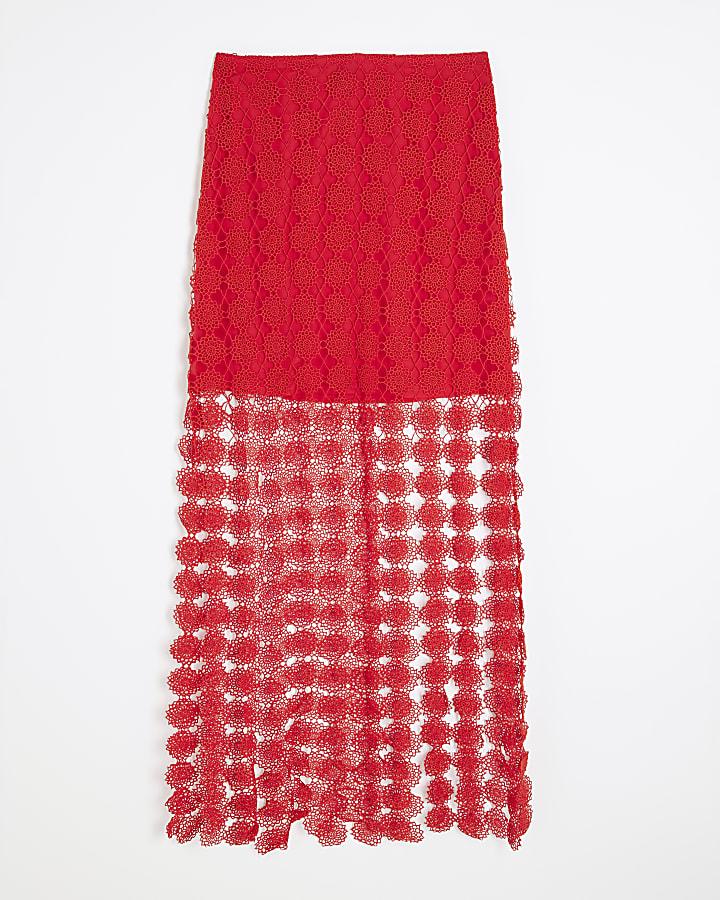 river island Red Crochet Tassel Midi Skirt