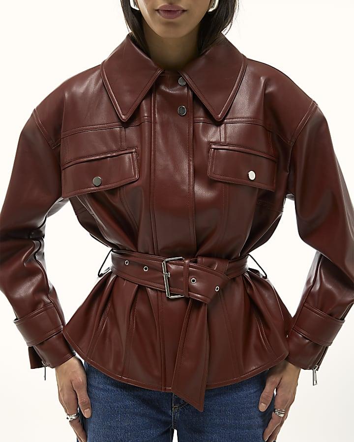 River Island Red Faux Leather Belted Jacket