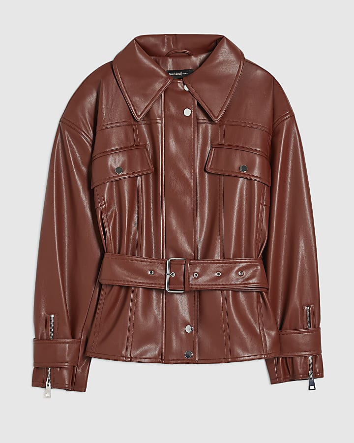river island Red Faux Leather Belted Jacket