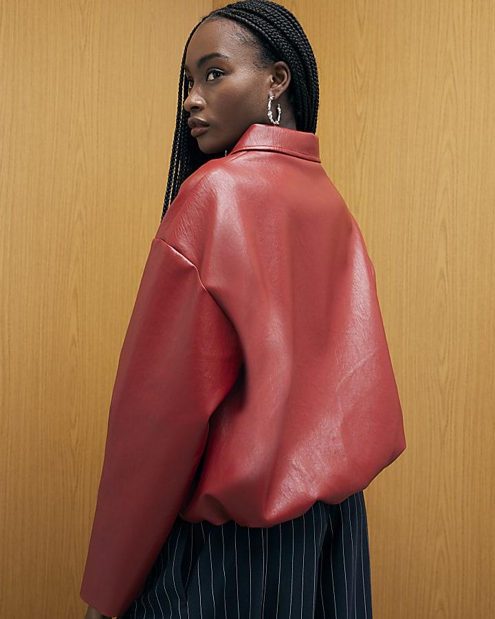 river island Red Faux Leather Bomber Jacket