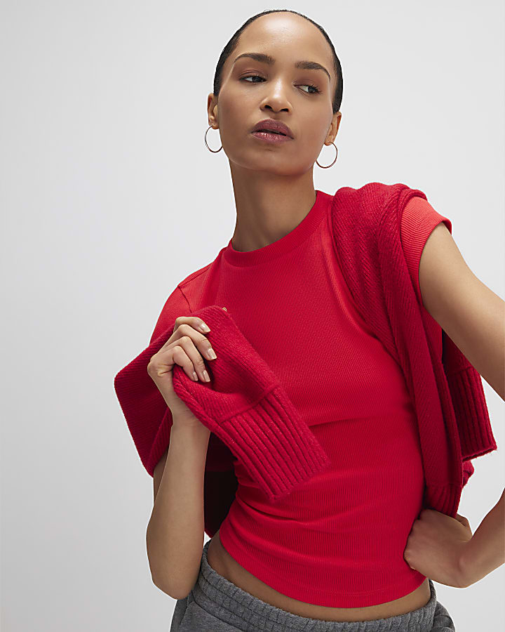 River Island Red Fitted Ribbed T-shirt