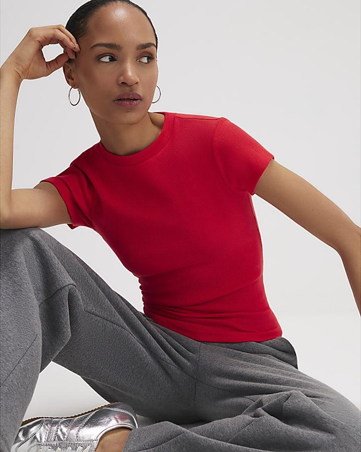 River Island Red Fitted Ribbed T-shirt