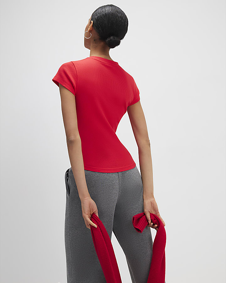 River Island Red Fitted Ribbed T-shirt