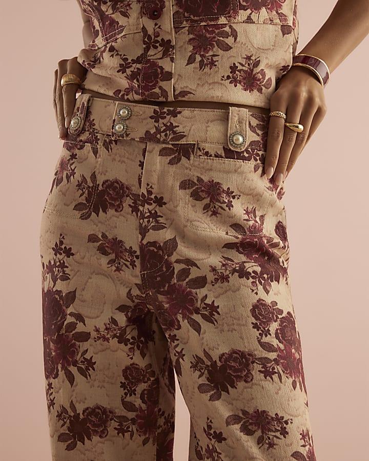 River Island Red Floral Relaxed Flare Jeans