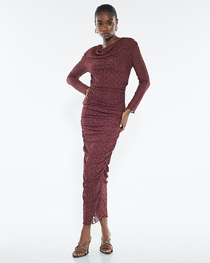 River Island Red Hotfix Ruched Lace Midi Skirt