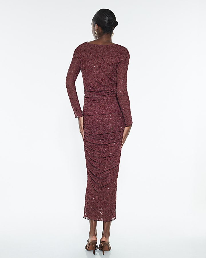 River Island Red Hotfix Ruched Lace Midi Skirt