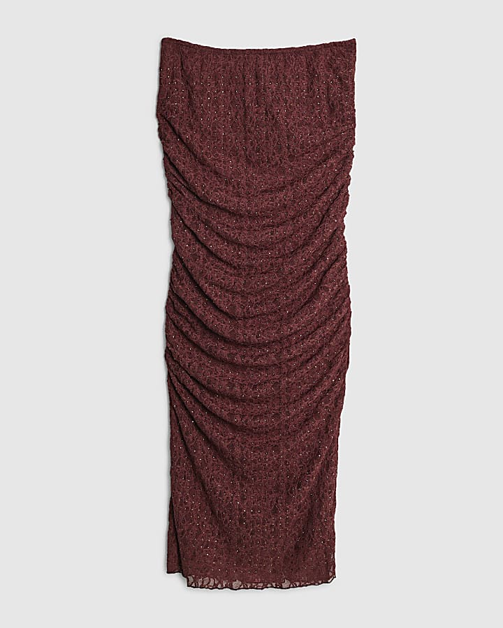 river island Red Hotfix Ruched Lace midi Skirt