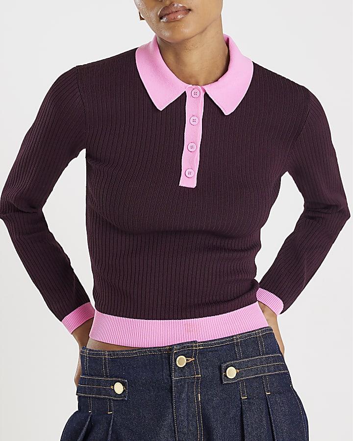 River Island Red Knit Long Sleeve Ribbed Polo Top