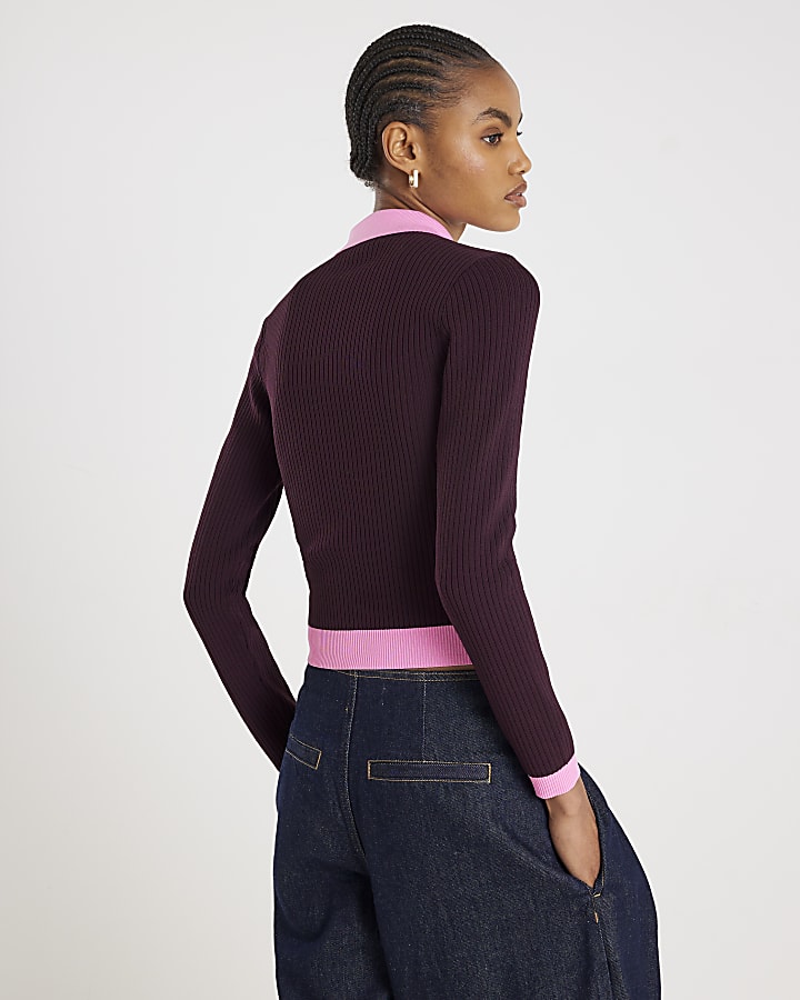 River Island Red Knit Long Sleeve Ribbed Polo Top