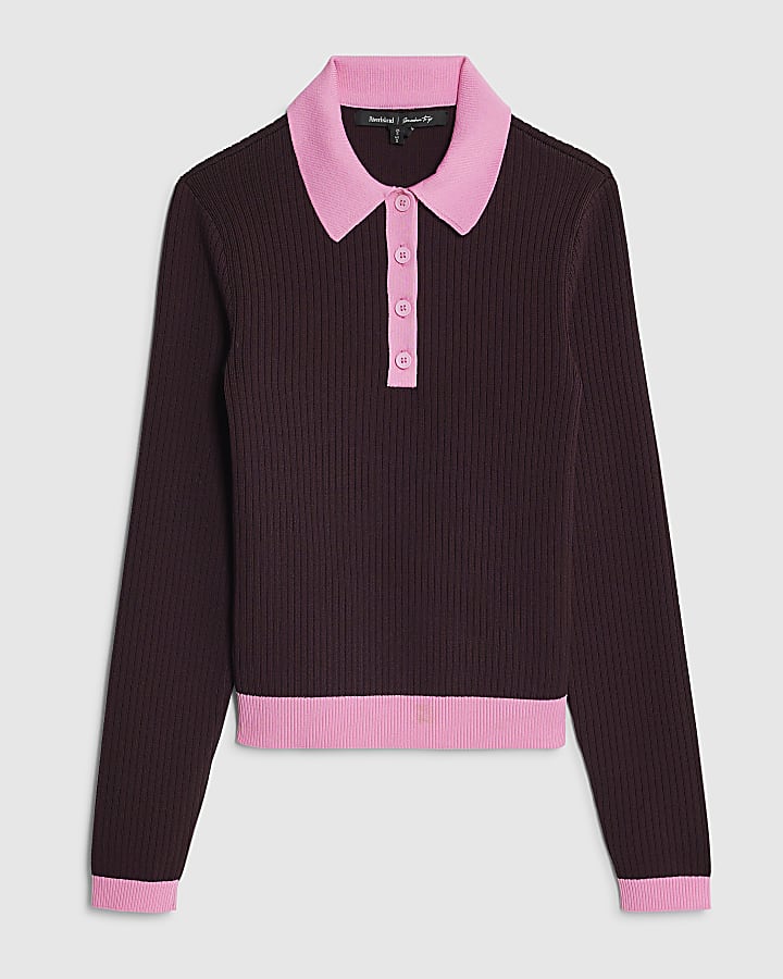 river island Red Knit Long Sleeve Ribbed Polo Top