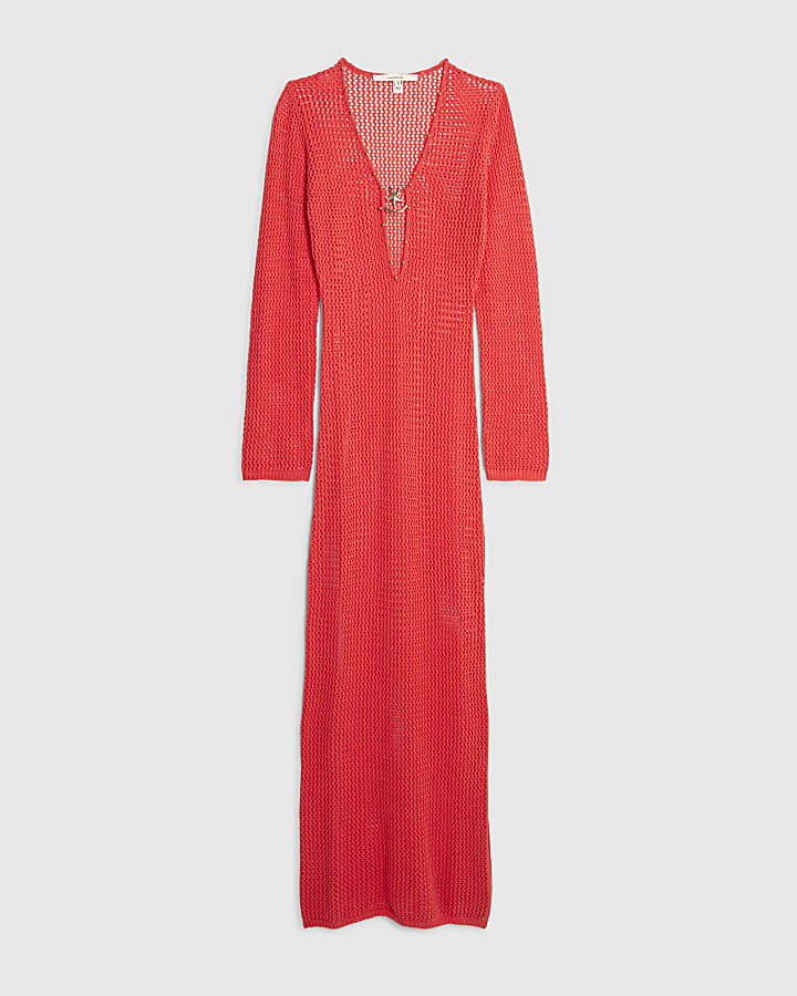 river island Red Knit Maxi Beach Dress