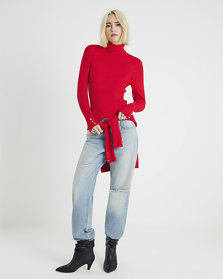 River Island Red Knit Ribbed Roll Neck Top