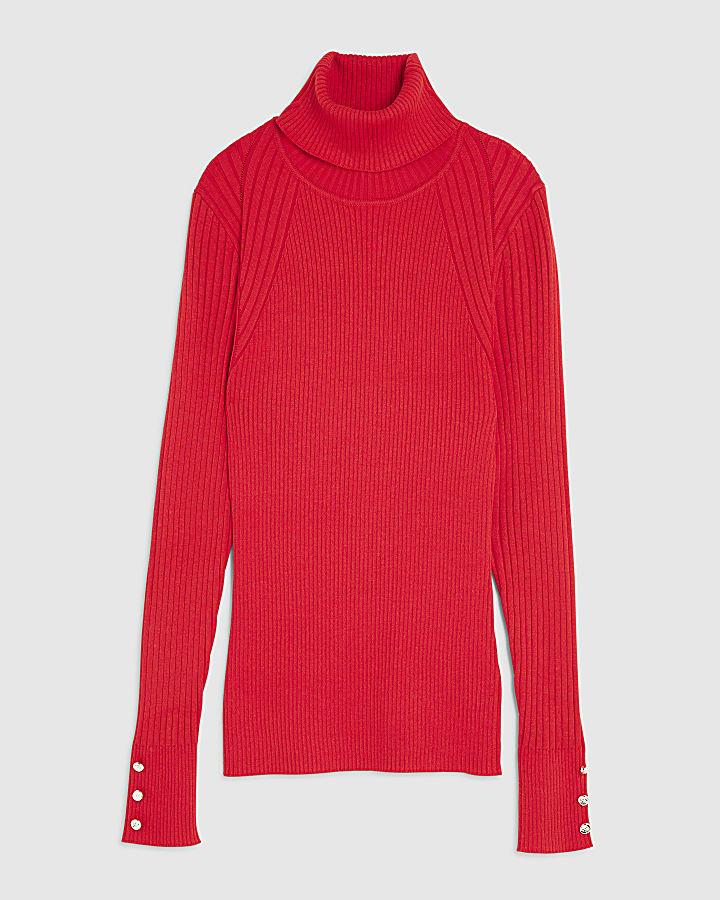 river island Red Knit Ribbed Roll Neck Top