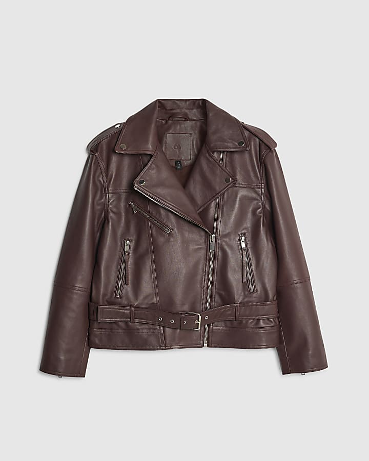 river island Red Leather Belted Biker Jacket