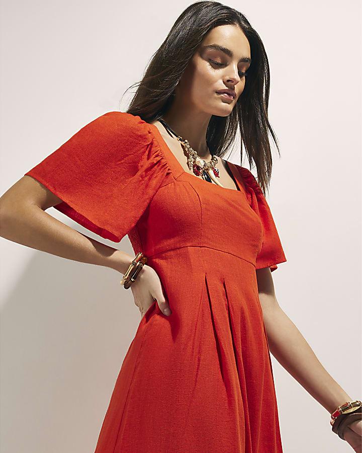 River Island Red Linen Blend Shirred Midi Dress