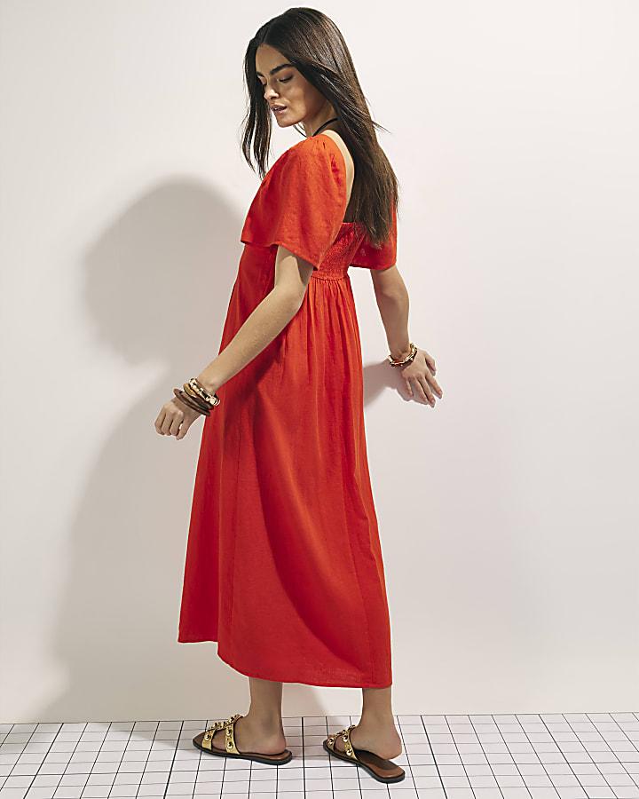 River Island Red Linen Blend Shirred Midi Dress