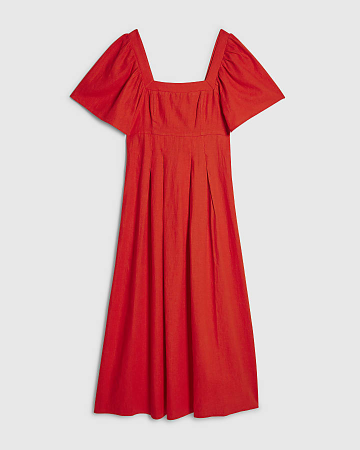 river island Red Linen Blend Shirred Midi Dress