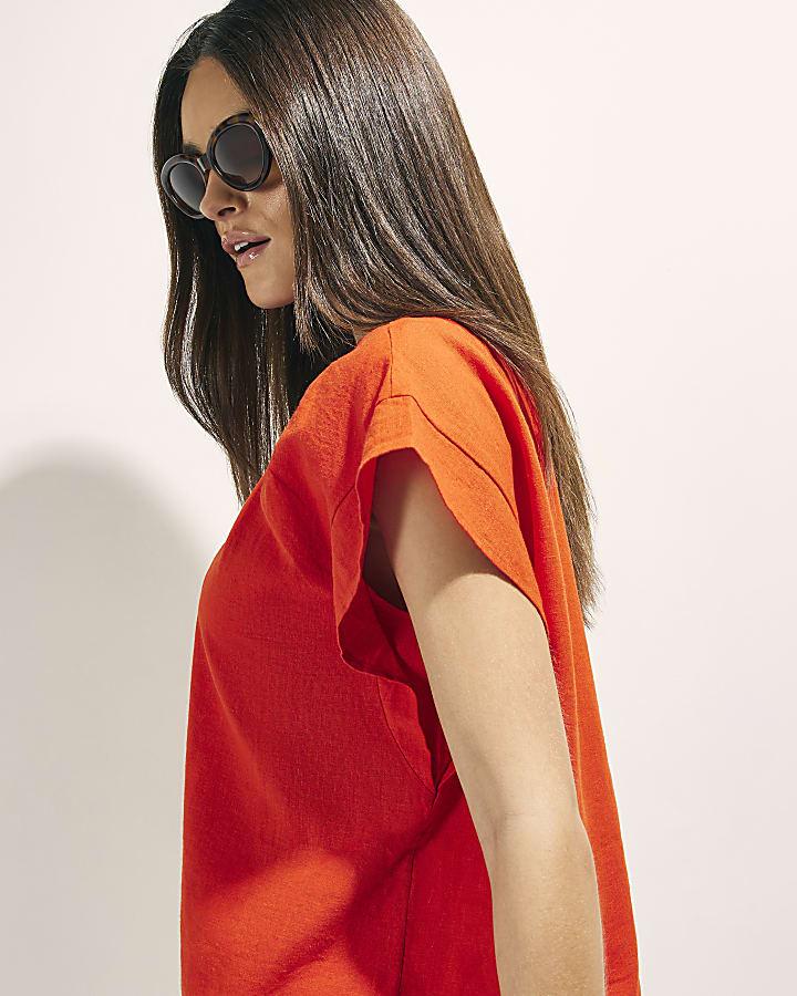 river island Red Linen Blend Tie Neck Top