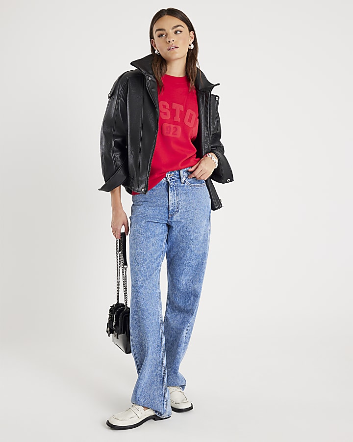 River Island Red Long Sleeve Boston Sweatshirt