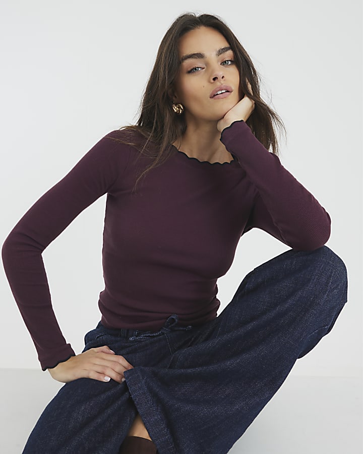 River Island Red Long Sleeve Scallop Trim Top
