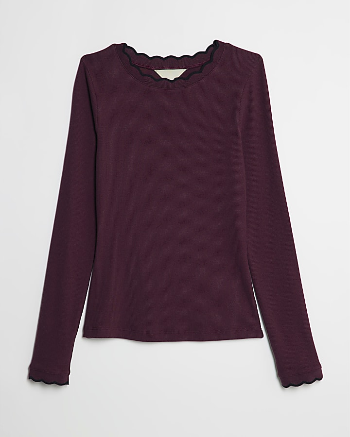 river island Red Long Sleeve Scallop Trim Top