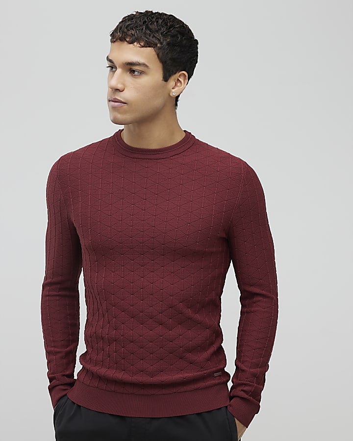 River Island Red Muscle Fit Textured Jumper