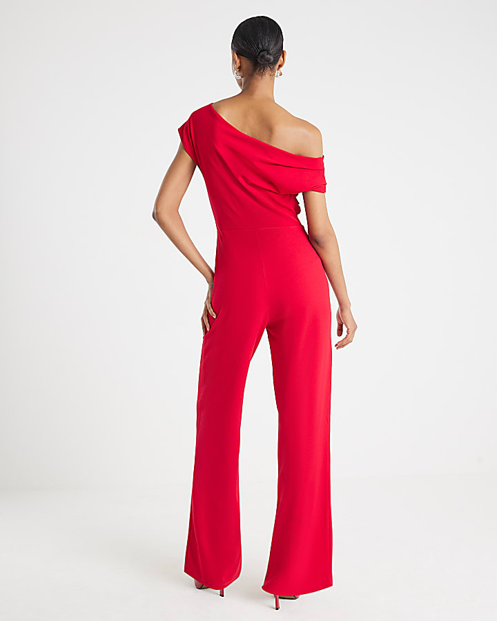 River Island Red One Shoulder Draped Jumpsuit