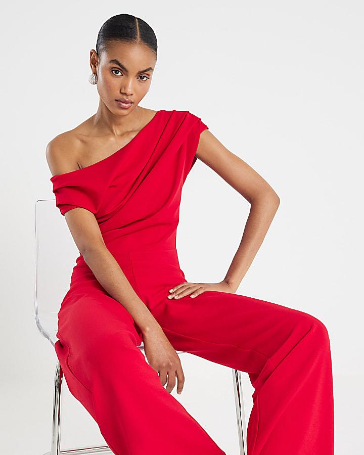 River Island Red One Shoulder Draped Jumpsuit