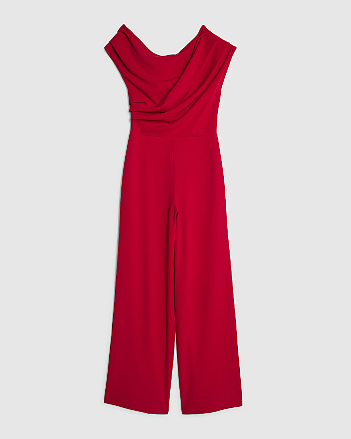 river island Red One Shoulder Draped Jumpsuit