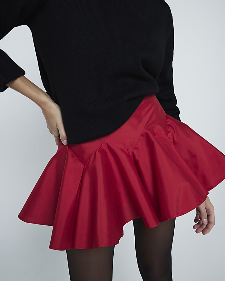 River Island Red Pleated Sateen Mini Skort