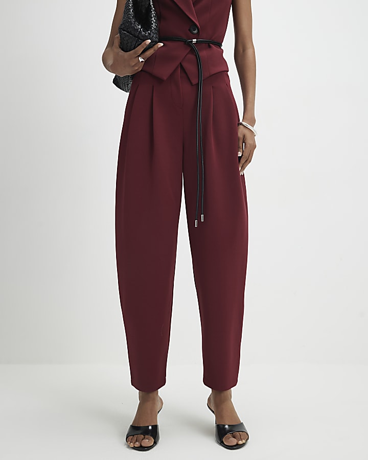 River Island Red Pleated Tapered Trousers