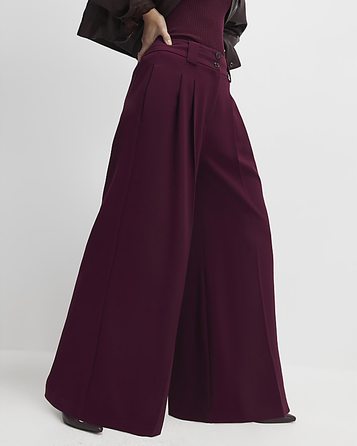 River Island Red Pleated Wide Leg Trousers